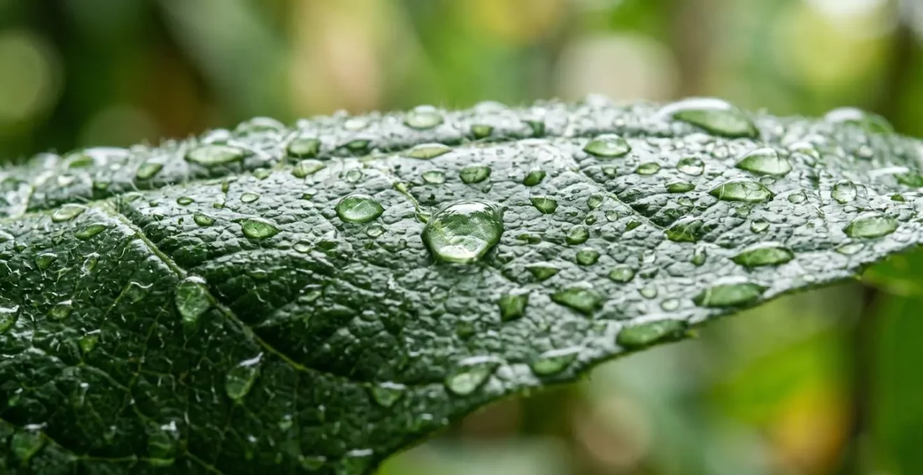 Gros plan sur des gouttes d'eau de pluie perlant sur une large feuille de bananier, avec un arrière-plan naturel flouté baigné de lumière douce
