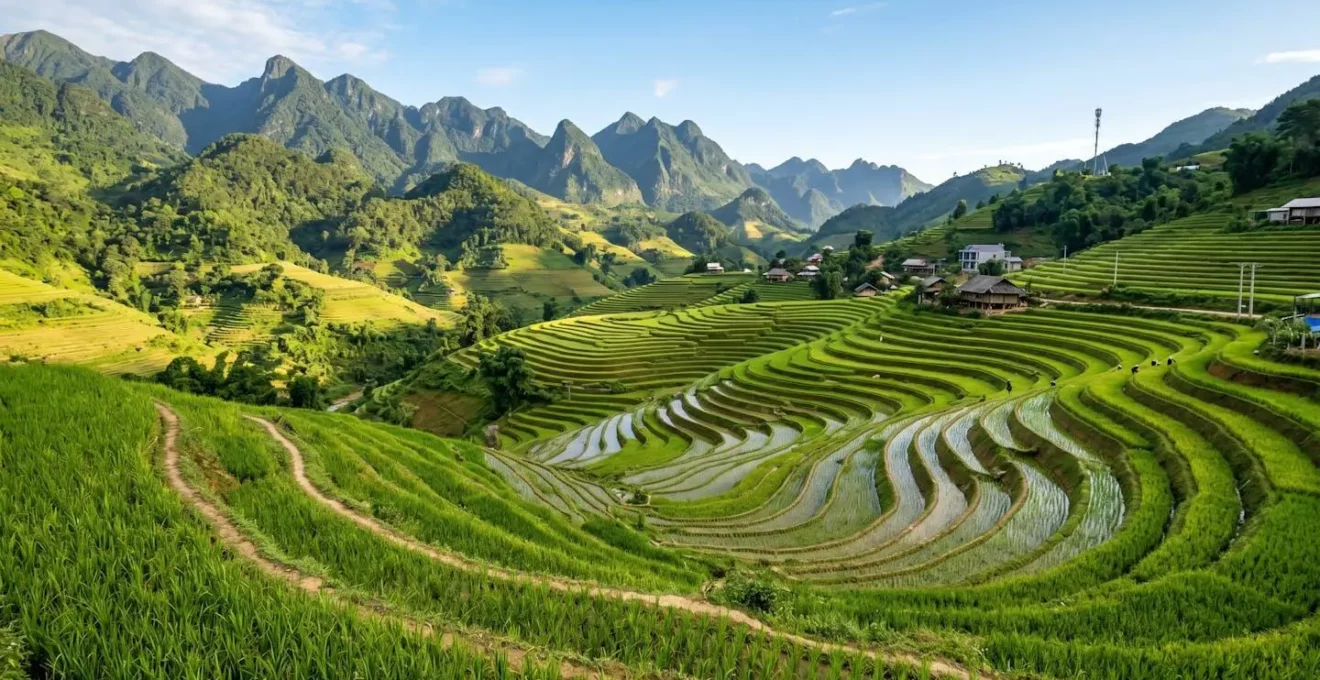 Vue panoramique des rizières en terrasse de Sapa au nord du Vietnam sous un ciel dégagé, avec des parcelles vertes étagées le long des pentes montagneuses à la lumière du matin
