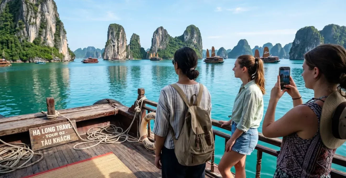 Couple de voyageurs vus de dos sur le pont d'une jonque en bois dans la baie d'Halong, contemplant les formations karstiques émergeant d'une eau turquoise sous un ciel lumineux